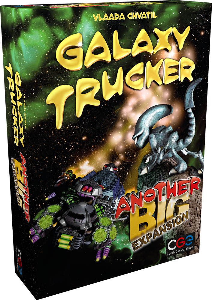 Box for Galaxy Trucker: Another Big Expansion, shows a sci-fi spaceship and a grey alien against a green nebula
