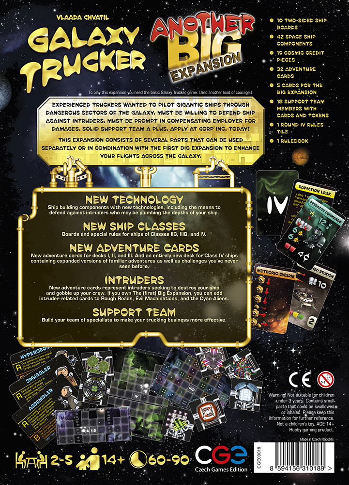 Back of Galaxy Trucker: Another Big Expansion board game box, shows components, features, and game specs