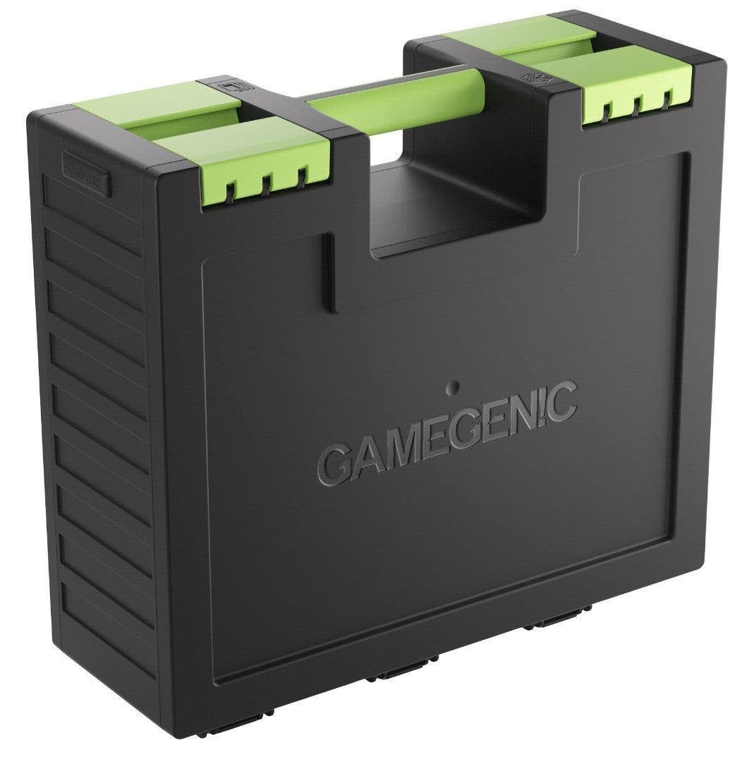 Black Gamegenic storage case with green handle and latches, shown at an angle