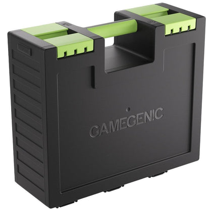 Black Gamegenic storage case with green handle and latches, shown at an angle