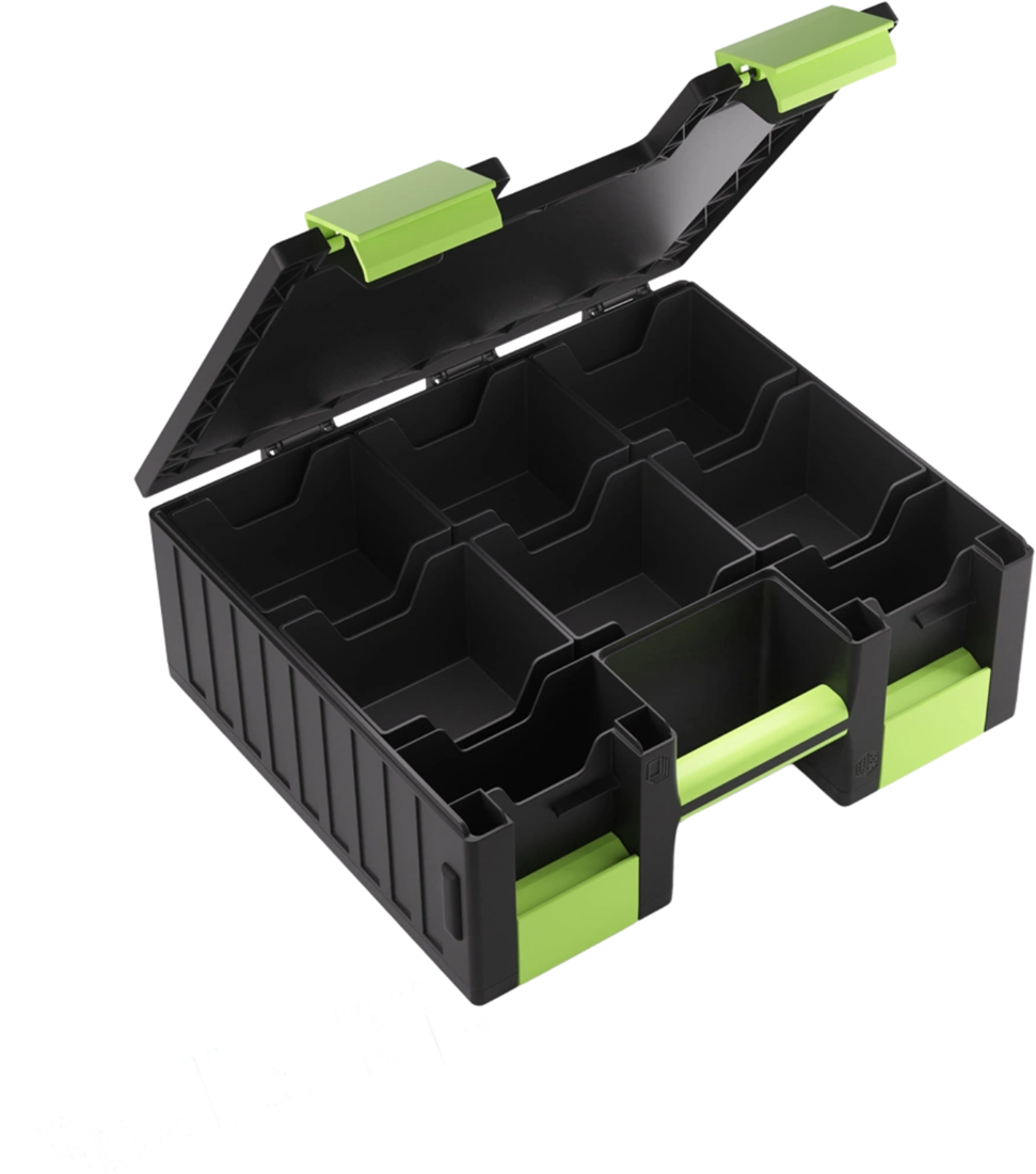 Black modular storage organizer, open to show internal divided compartments and green handle/clasps