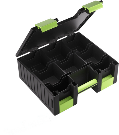 Black modular storage organizer, open to show internal divided compartments and green handle/clasps