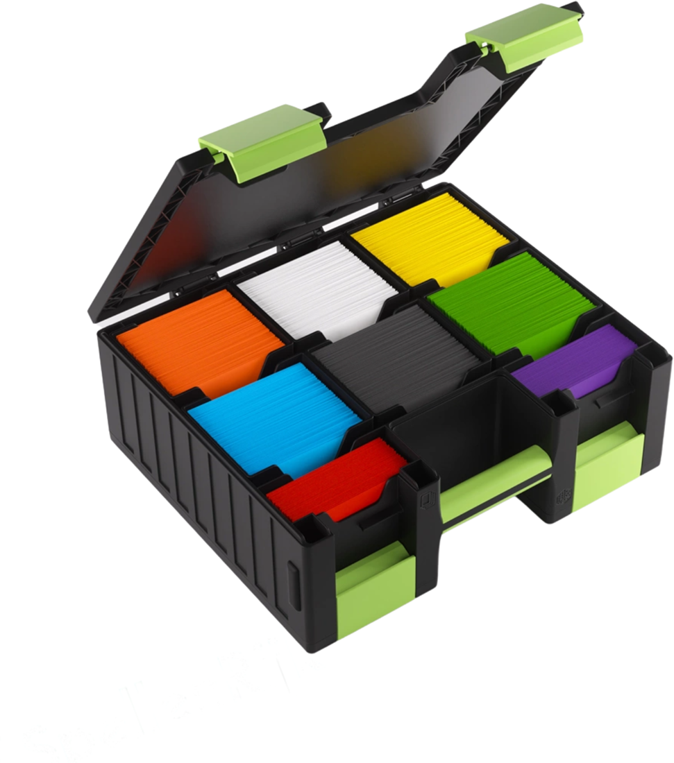 Open black and green card organizer box filled with multi-colored stacks of index or trading cards