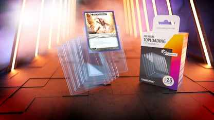 Trading card in a clear Gamegenic Exoshields protector, stacked over empty sleeves, beside the product box