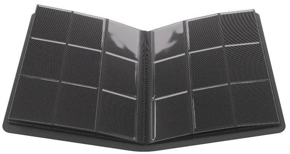 Open dark card binder displaying rows of empty clear plastic pockets