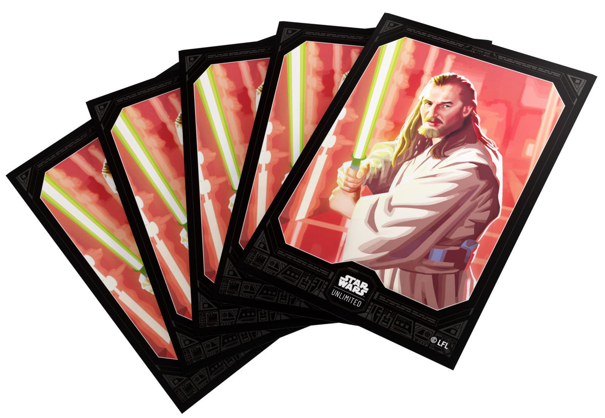 Fanned Star Wars Unlimited cards, with Qui-Gon Jinn holding a green lightsaber visible on the front 
