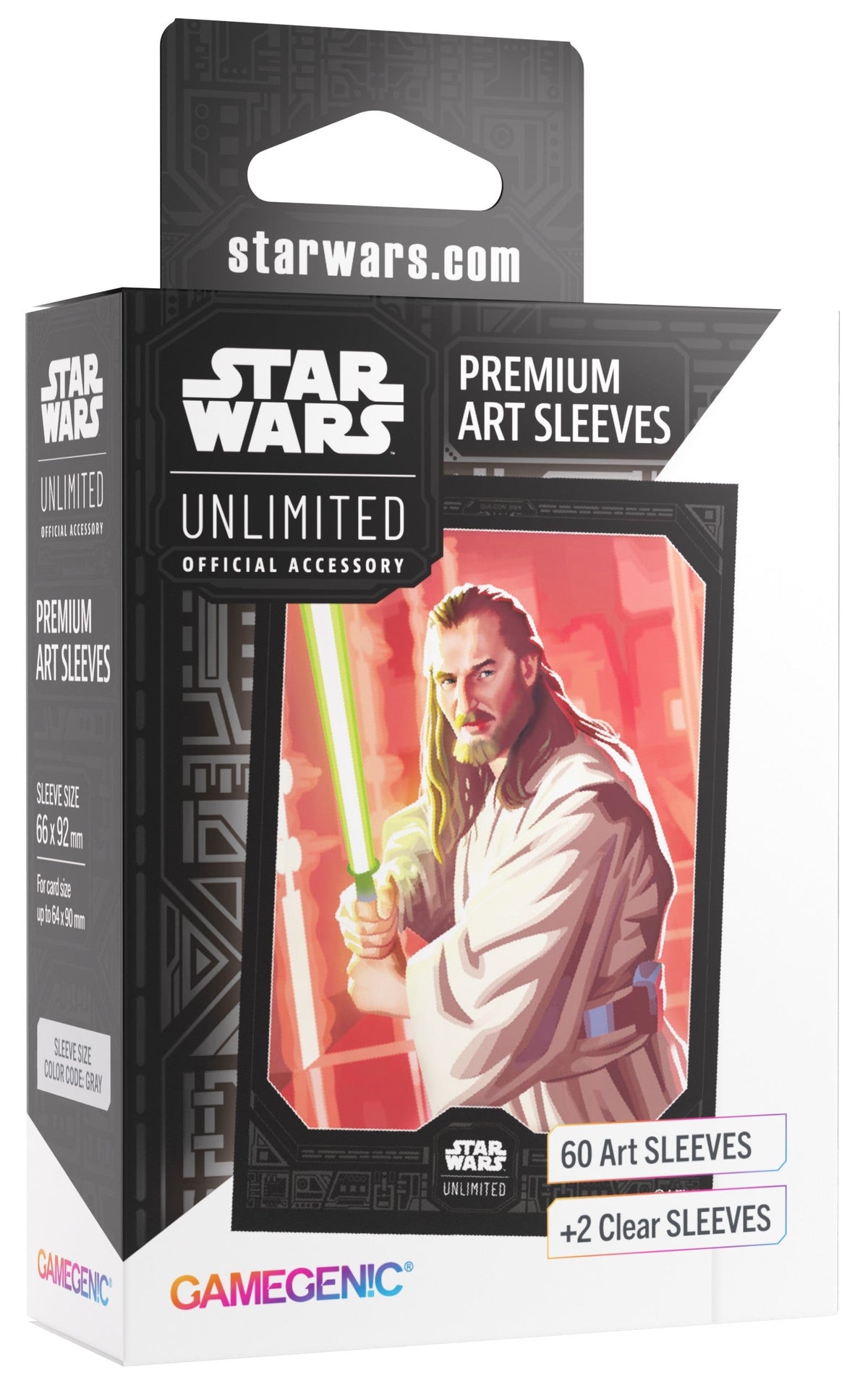 Star Wars Unlimited Premium Art Sleeves box featuring Qui-Gon Jinn holding a green lightsaber