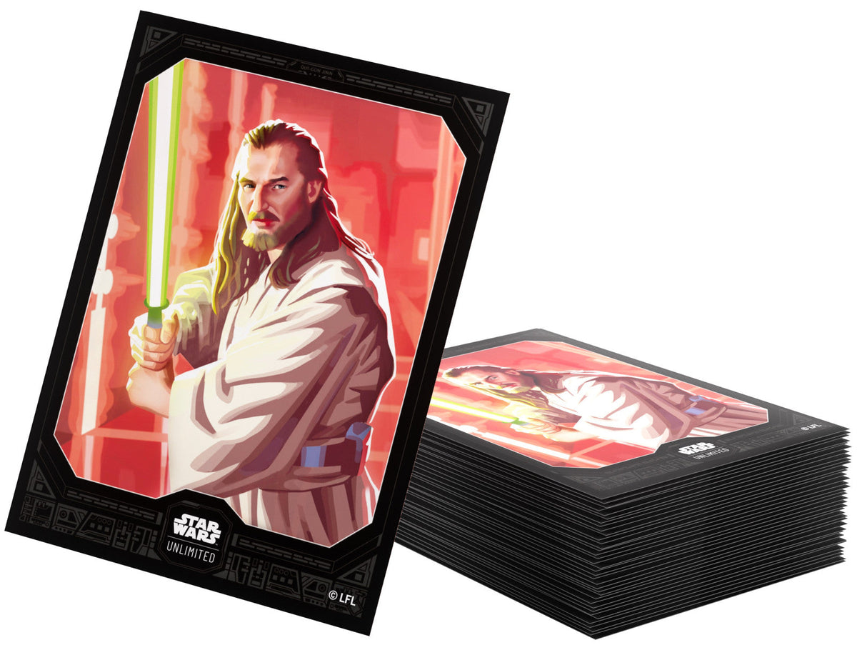 Star Wars Unlimited card of Qui-Gon Jinn holding a green lightsaber, with a stack of cards behind it 