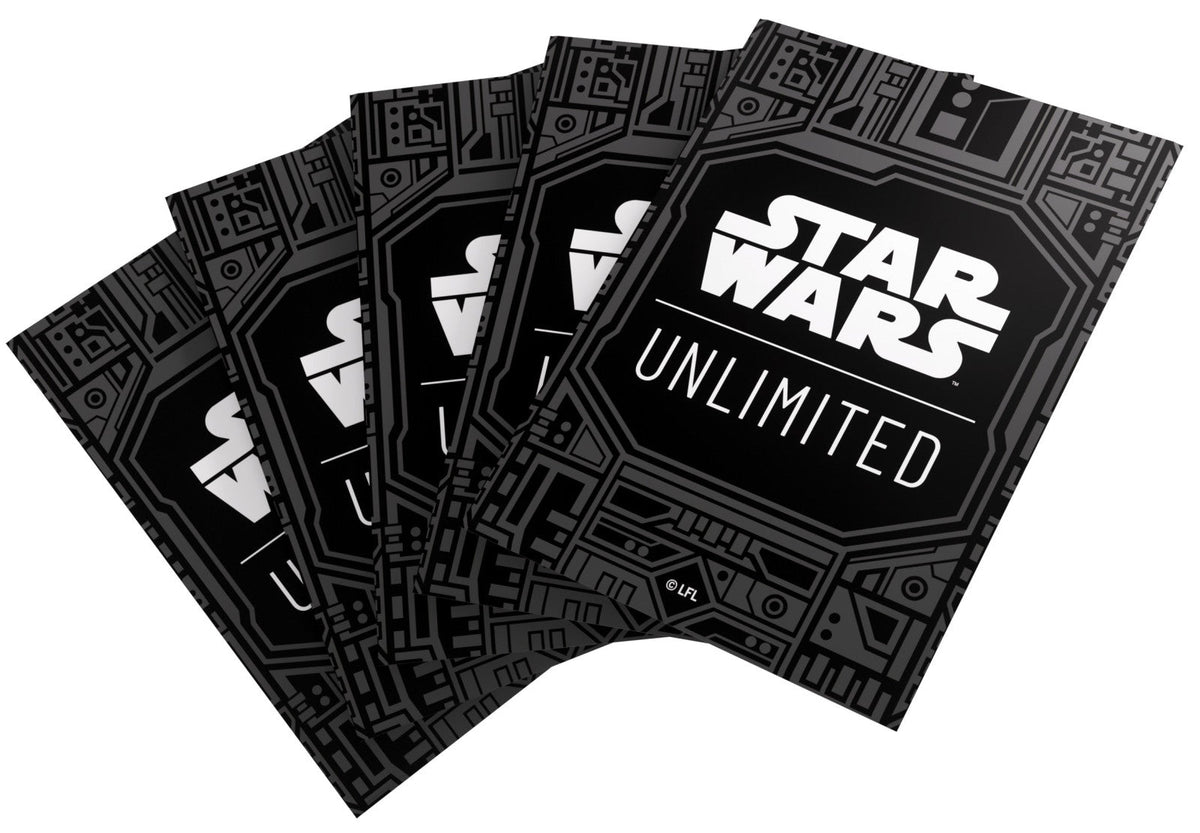 Multiple fanned-out black Star Wars Unlimited booster packs with white logo and dark grey patterns