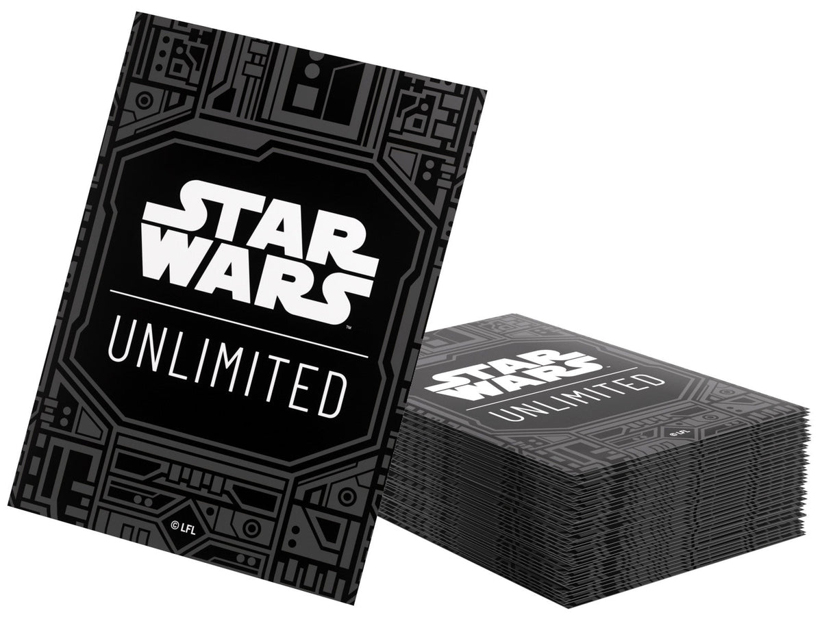 A black Star Wars Unlimited card with white text leans against a large stack of identical trading cards