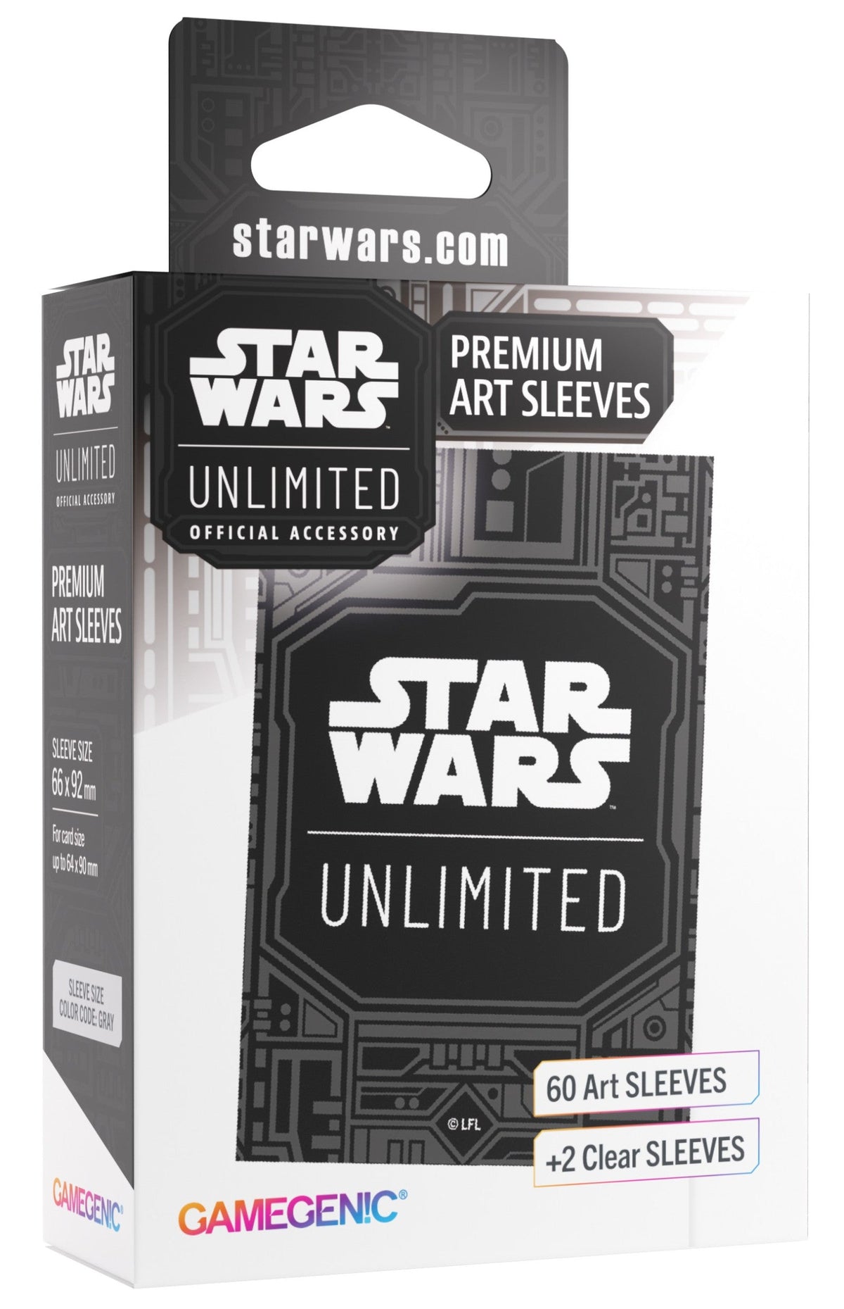 A black and gray box of Star Wars Unlimited Premium Art Sleeves, an official accessory, with 60 art and 2 clear sleeves 
