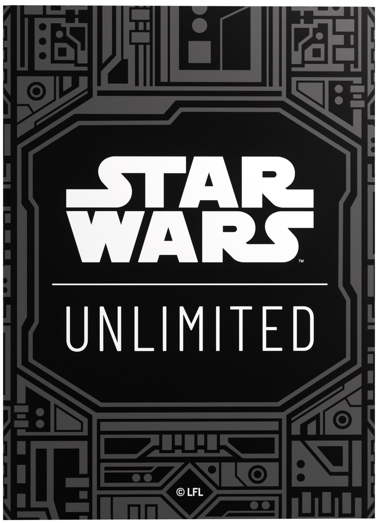 White &#39;STAR WARS UNLIMITED&#39; logo on a dark background with grey futuristic tech patterns 
