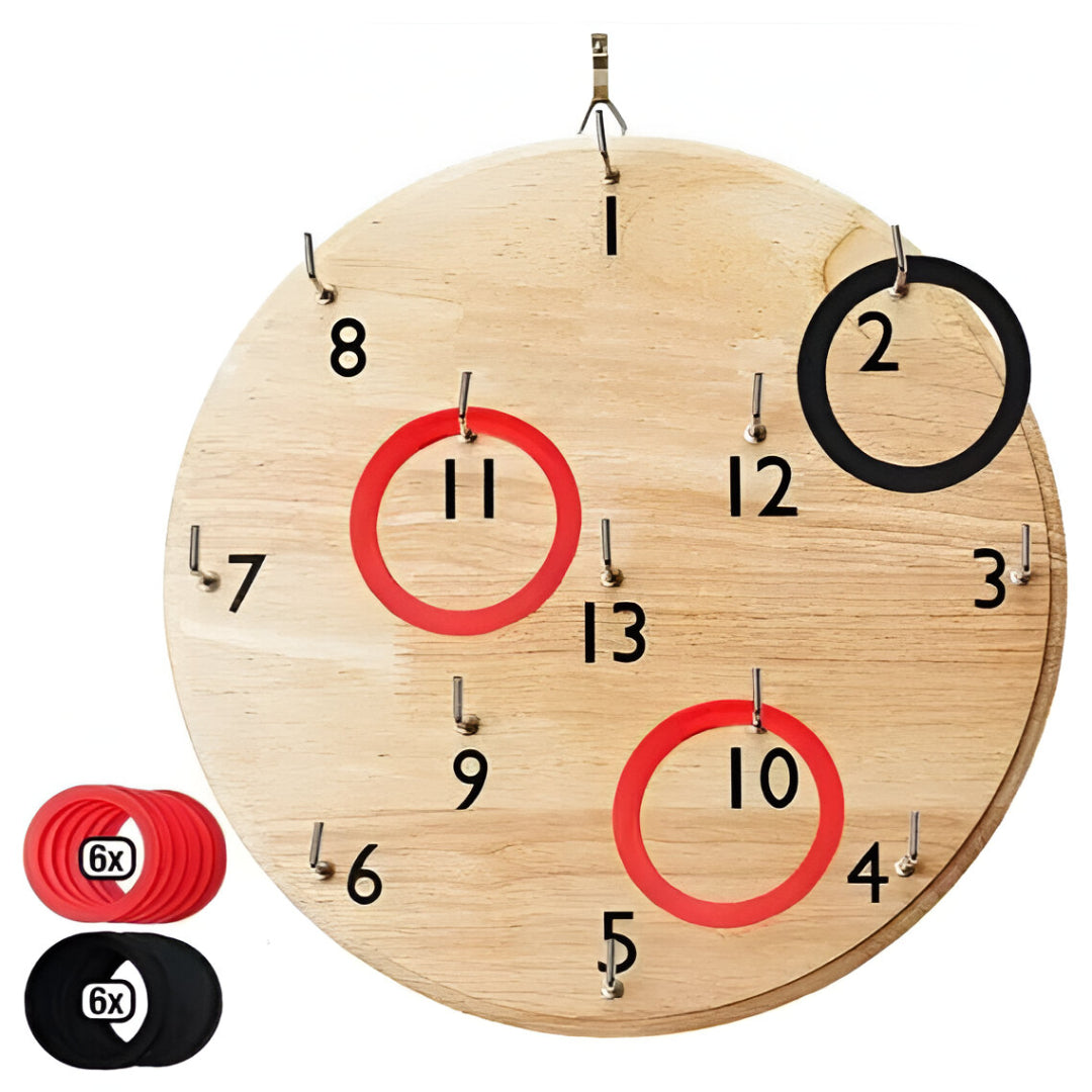 Wooden ring toss game board with numbered pegs, showing scored red and black rings