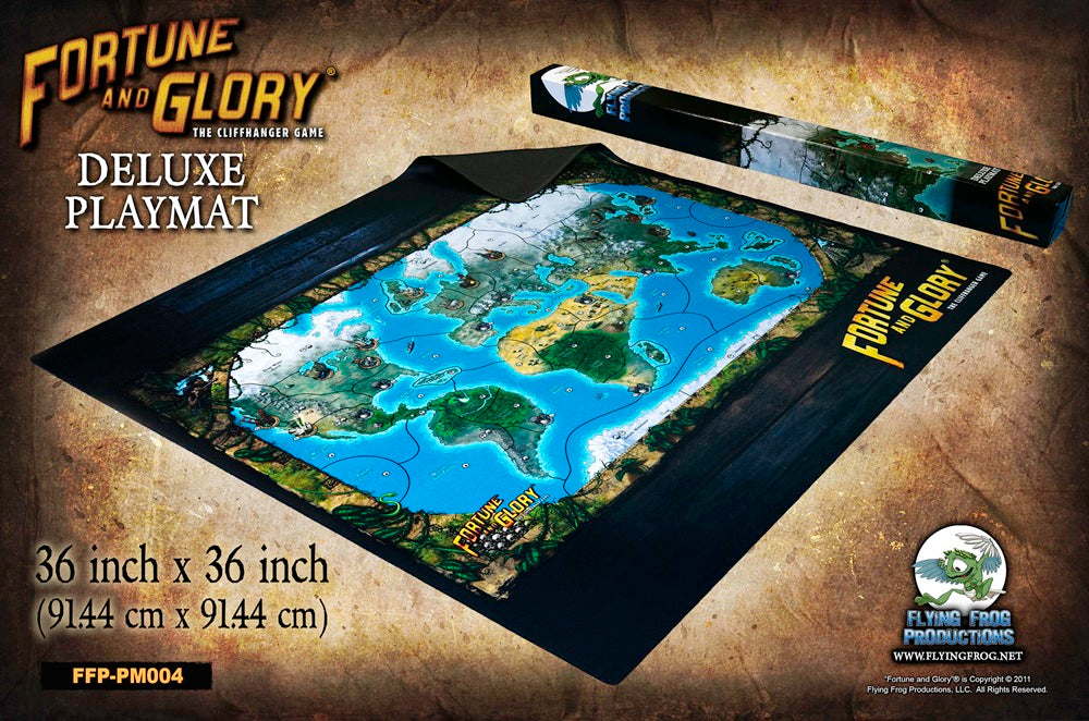A 36x36 inch Fortune and Glory Deluxe Playmat featuring a detailed world map, displayed with its rolled box