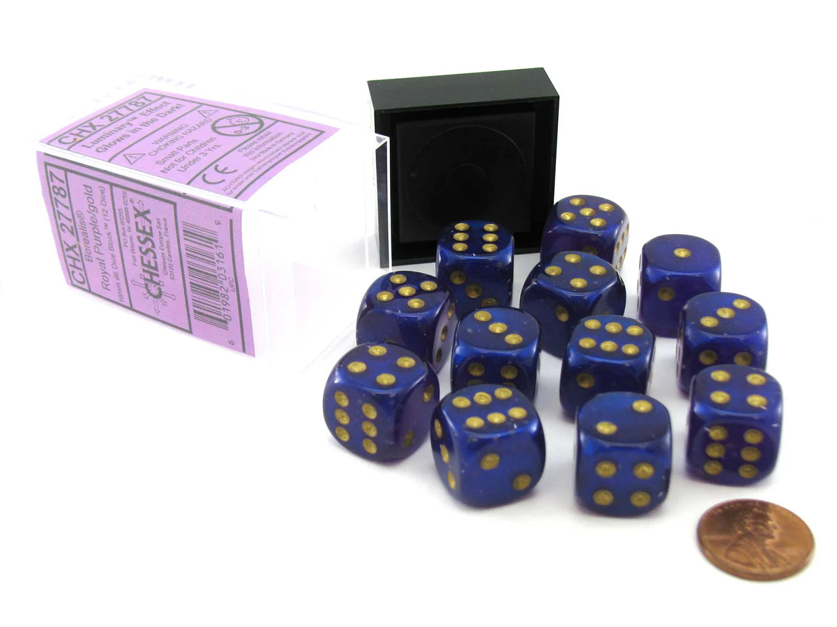Chessex - Borealis 16mm d6 set - Royal Purple/Gold (12)