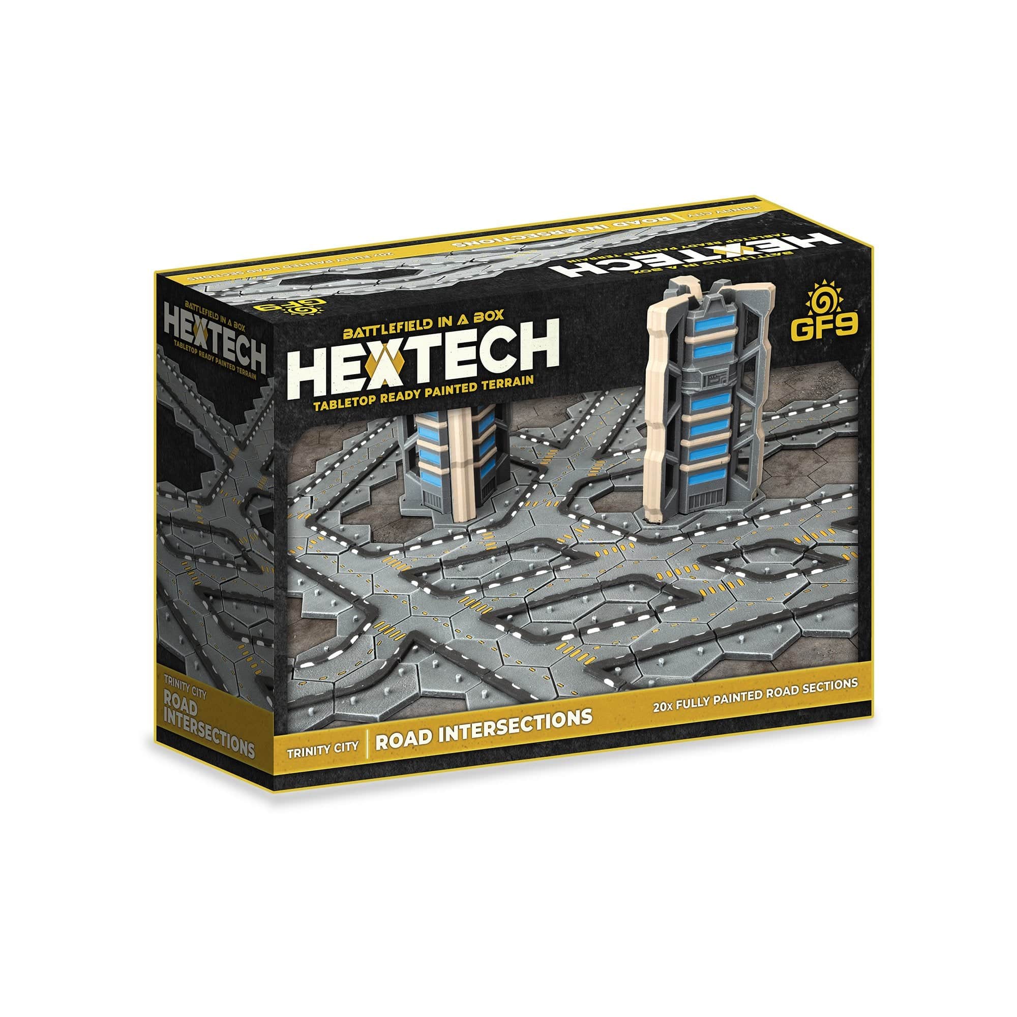 A Hextech tabletop terrain box shows grey hexagonal road sections and two futuristic buildings