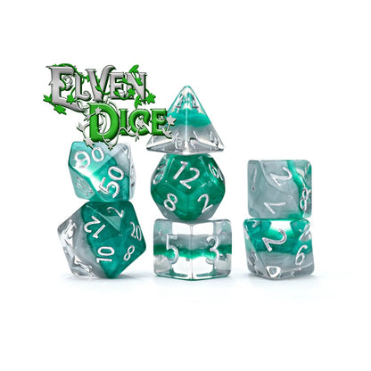 Elven Dice logo above a set of emerald green and clear swirled polyhedral dice with silver numbers