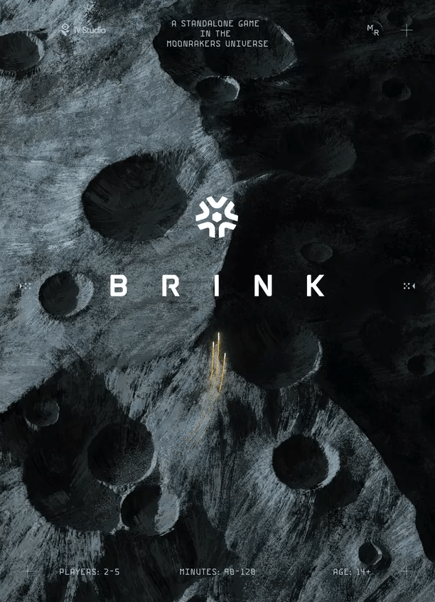 BRINK game cover art. Dark, cratered lunar surface split by shadow, featuring a central white logo and golden rocket trail