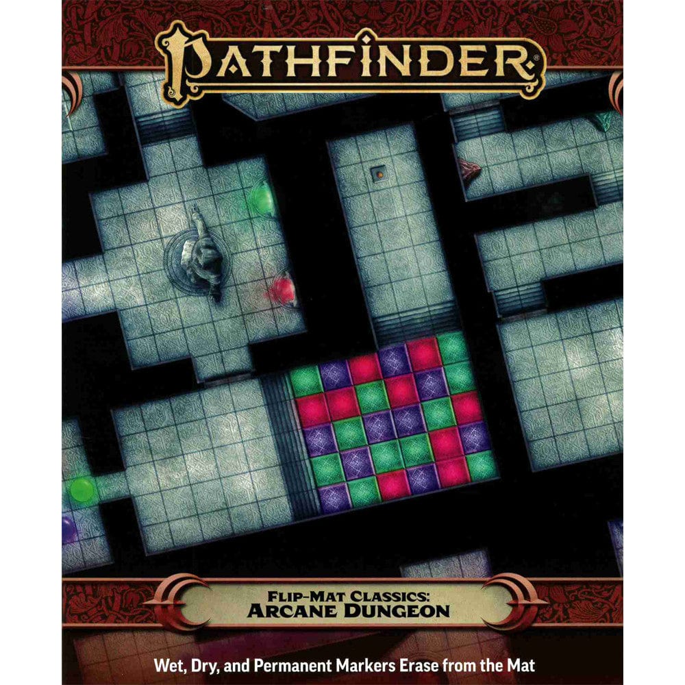 Pathfinder Arcane Dungeon game mat: detailed grid map featuring colourful squares, tokens, and a miniature.