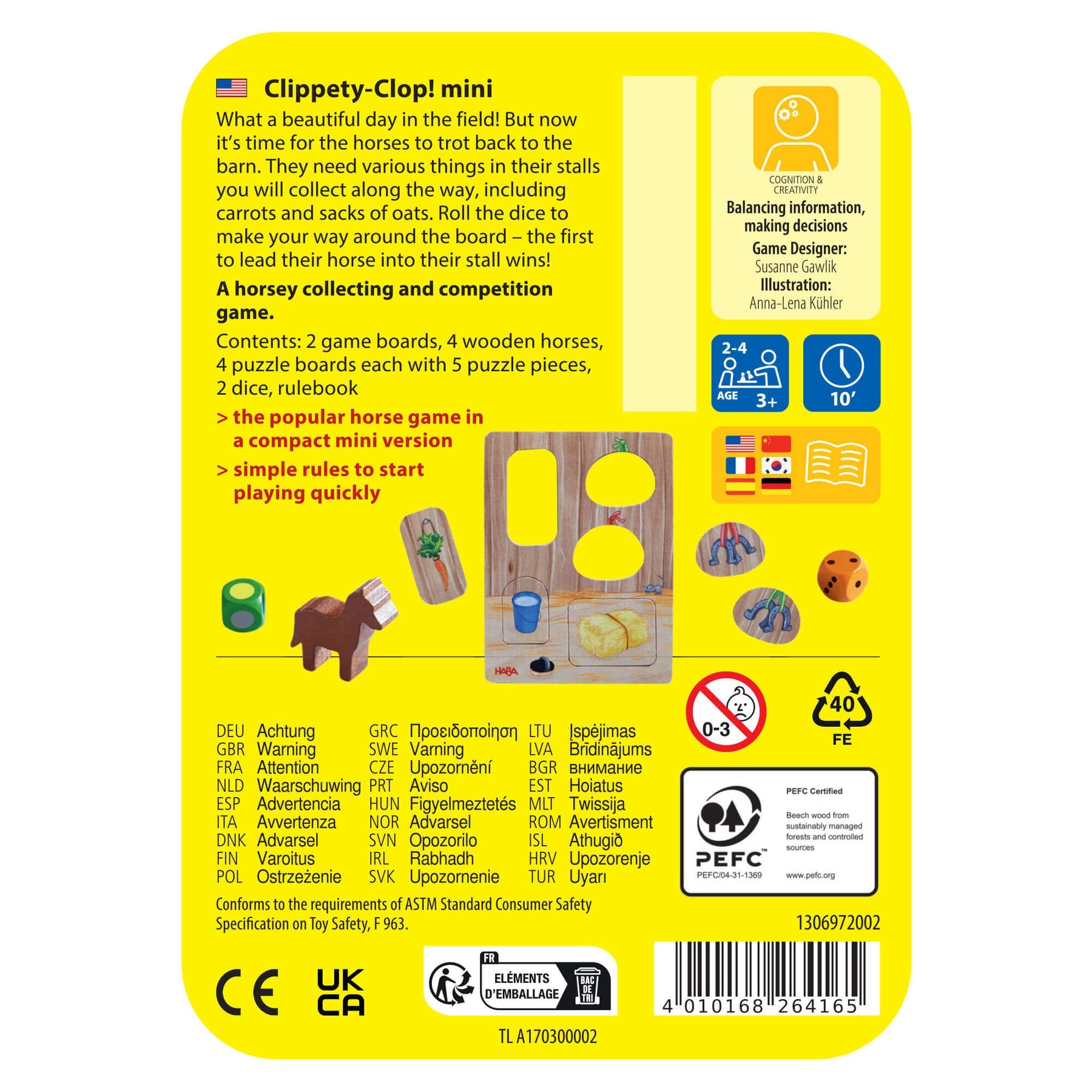 Clippety-Clop! mini horse game with a wooden horse, green die, and farm-themed puzzle pieces on yellow.