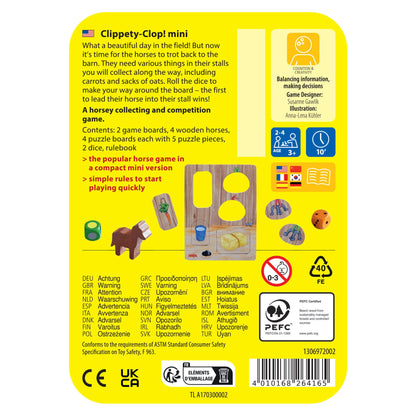 Clippety-Clop! mini horse game with a wooden horse, green die, and farm-themed puzzle pieces on yellow.