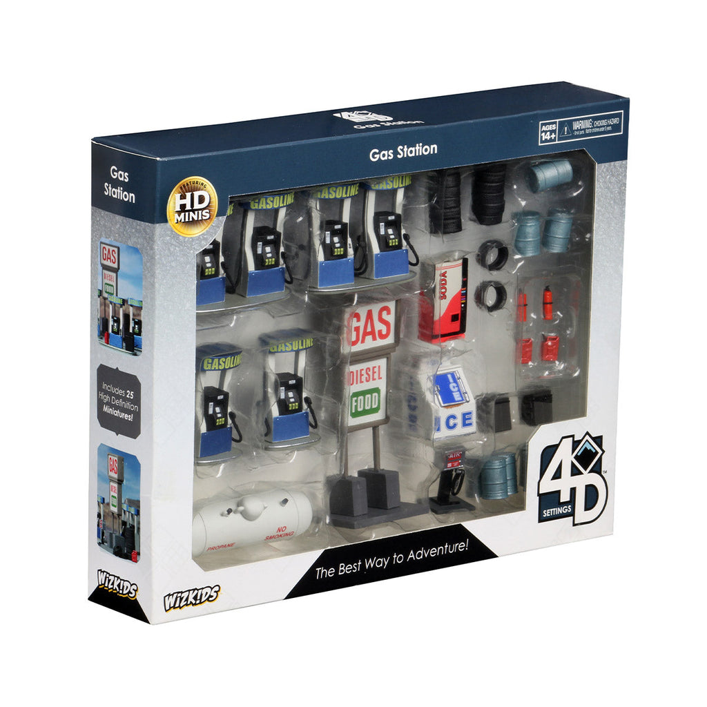 Boxed WizKids 4D Settings "Gas Station" kit, displaying detailed miniature gas pumps, signs, a propane tank, and accessories