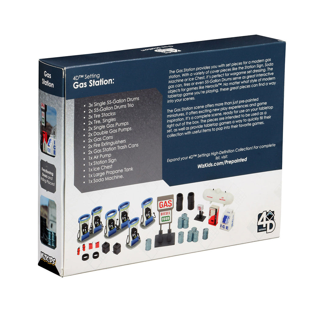 Back of WizKids 4D Gas Station miniatures box, showing pre-painted gas pumps, barrels, signs, and an ice chest