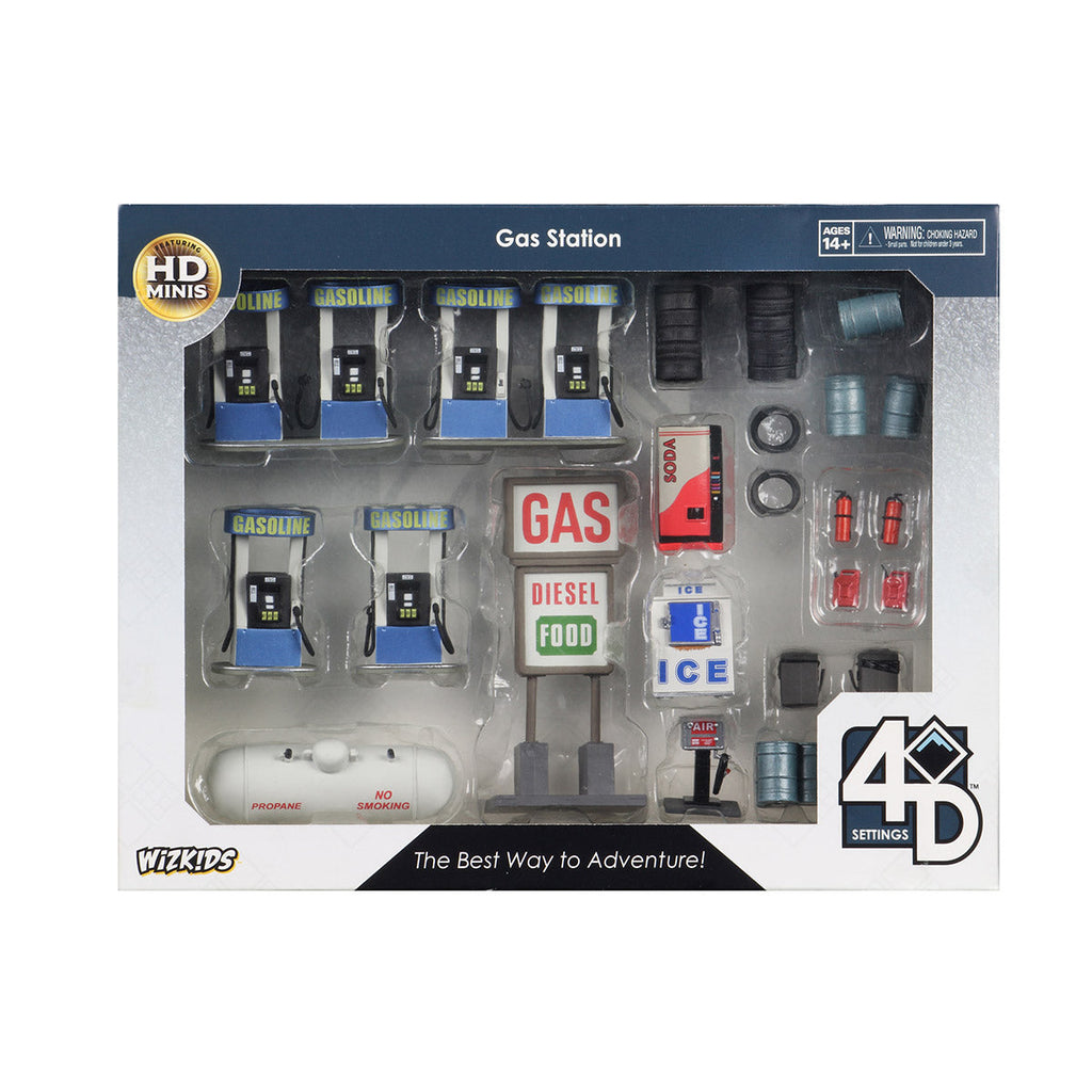 WizKids HD Minis Gas Station playset, packaged, with miniature pumps, a sign, barrels, and propane tank