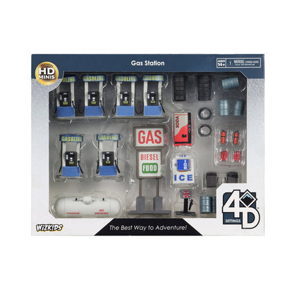 WizKids HD Minis Gas Station playset, packaged, with miniature pumps, a sign, barrels, and propane tank
