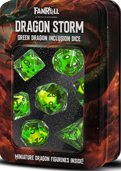 Metallic Dice Games - Resin 16mm Poly Dice Set - Dragon Storm Inclusion Resin Green Dragon - Good Games