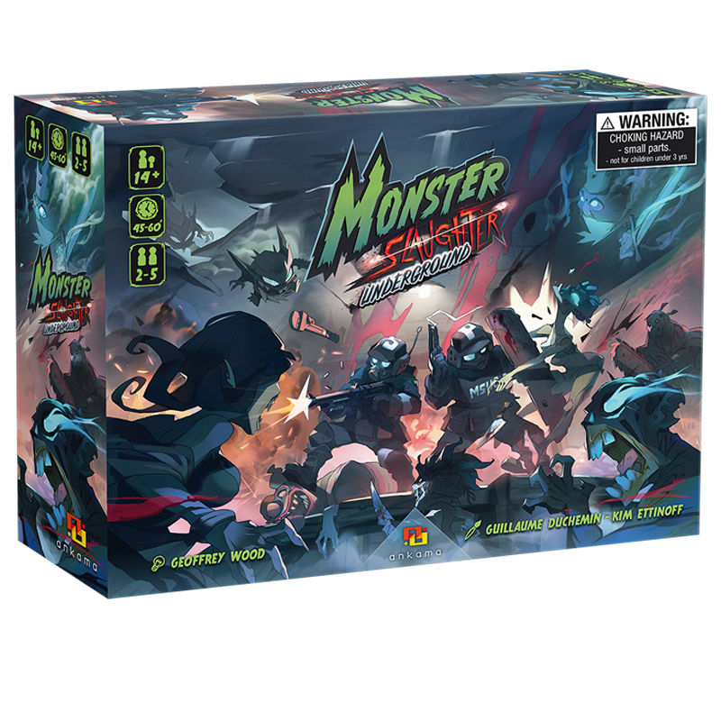 Monster Slaughter Underground board game box. Armed soldiers battle monsters in a dark, action-packed scene