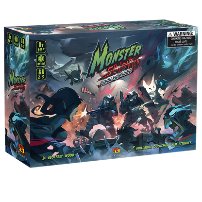 Monster Slaughter Underground board game box. Armed soldiers battle monsters in a dark, action-packed scene