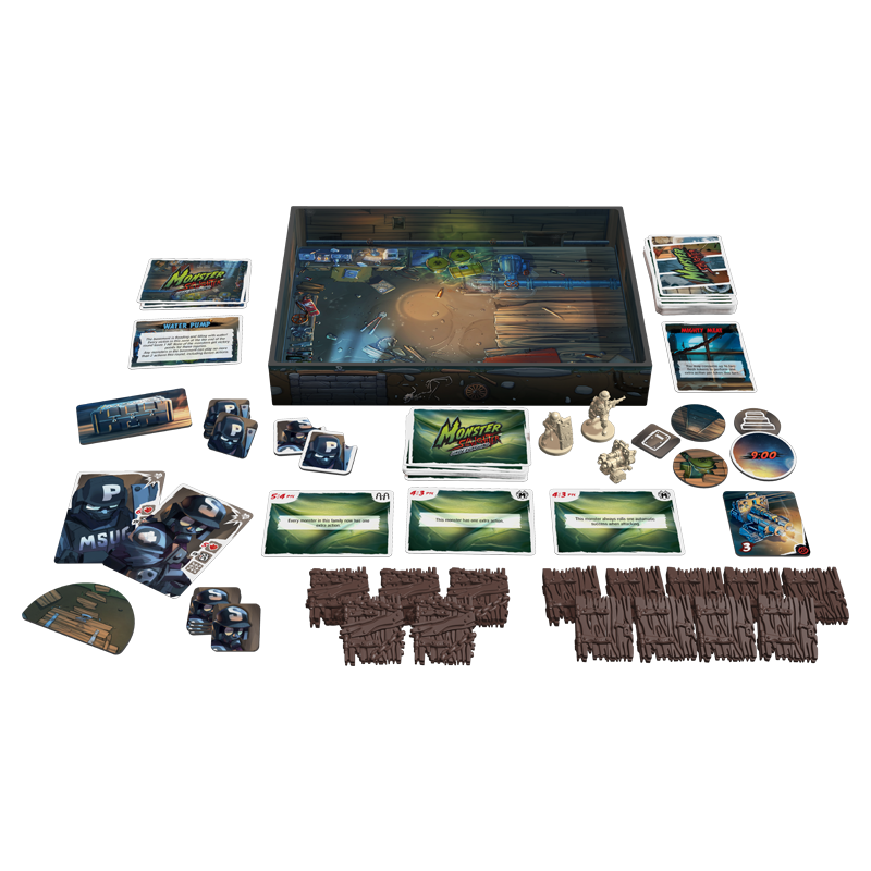Full Monster Slaughter board game set with a large board, stacks of cards, miniatures, and various tokens arranged