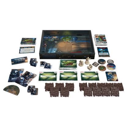 Full Monster Slaughter board game set with a large board, stacks of cards, miniatures, and various tokens arranged