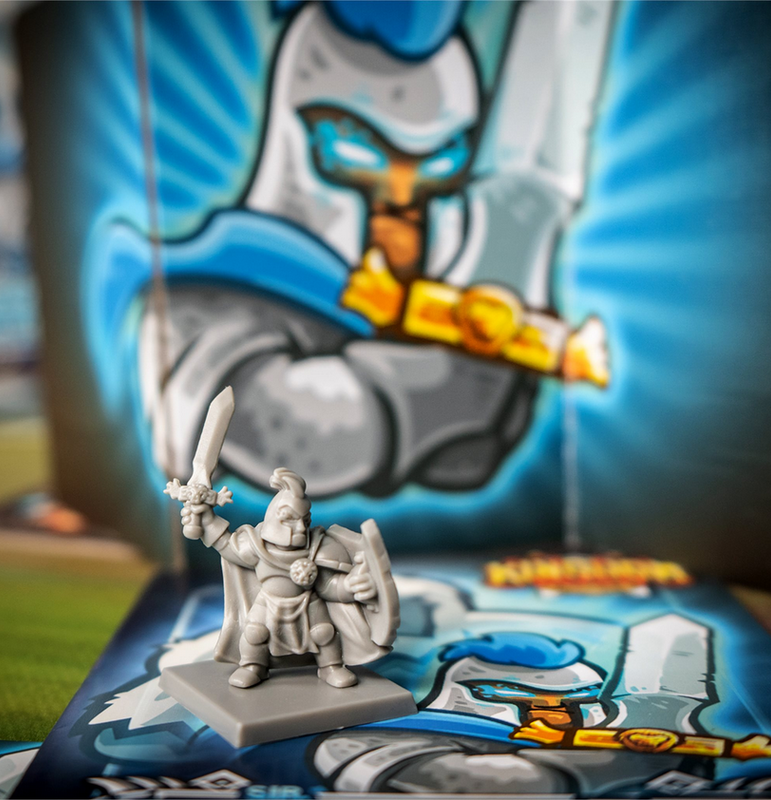 Gray fantasy miniature knight with shield and sword, game box background