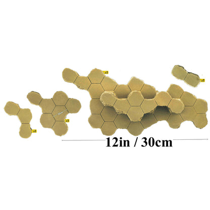 Sandy hexagonal terrain tiles grouped in irregular clusters. Features a 32mm tile size and 12in/30cm total width