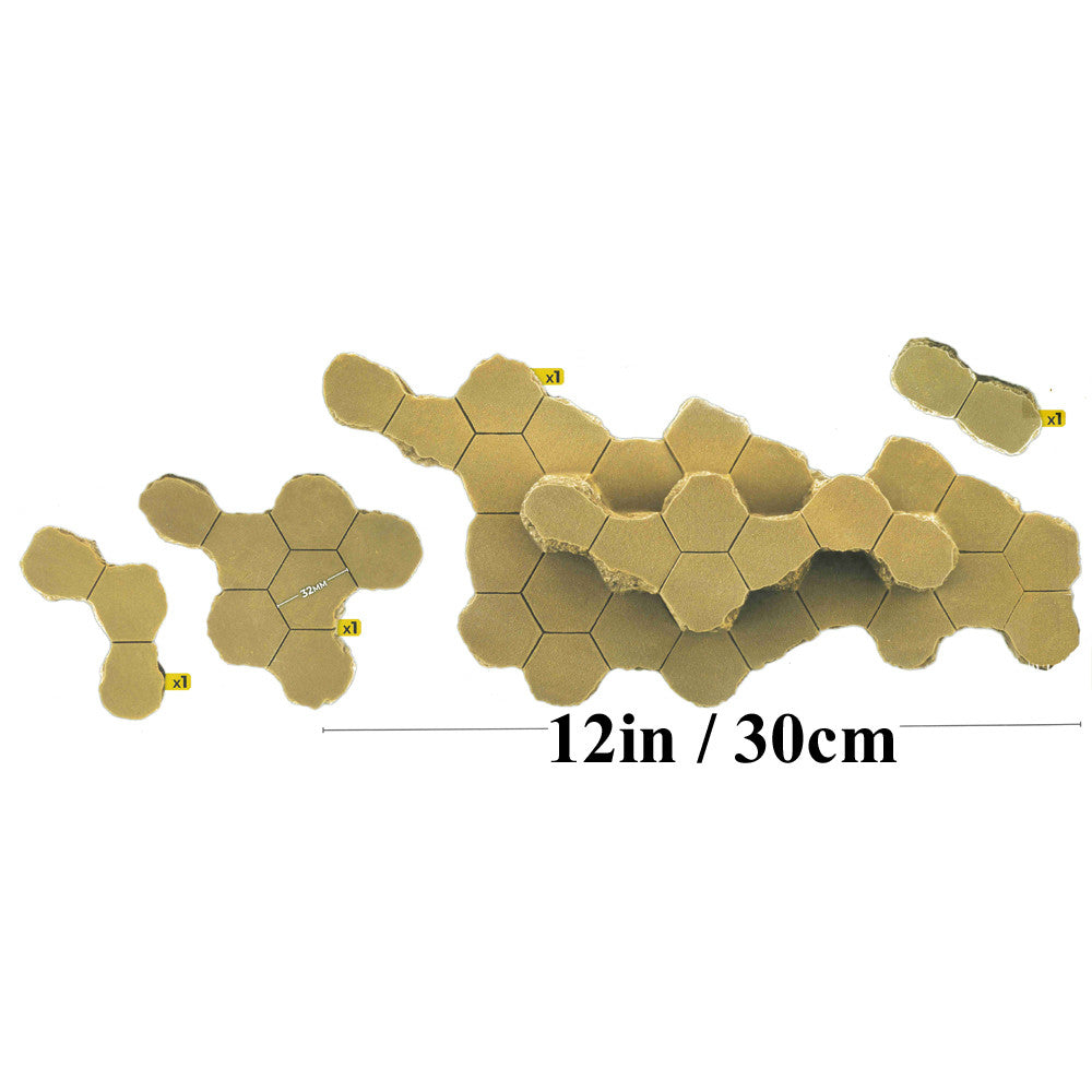 Sandy hexagonal terrain tiles grouped in irregular clusters. Features a 32mm tile size and 12in/30cm total width