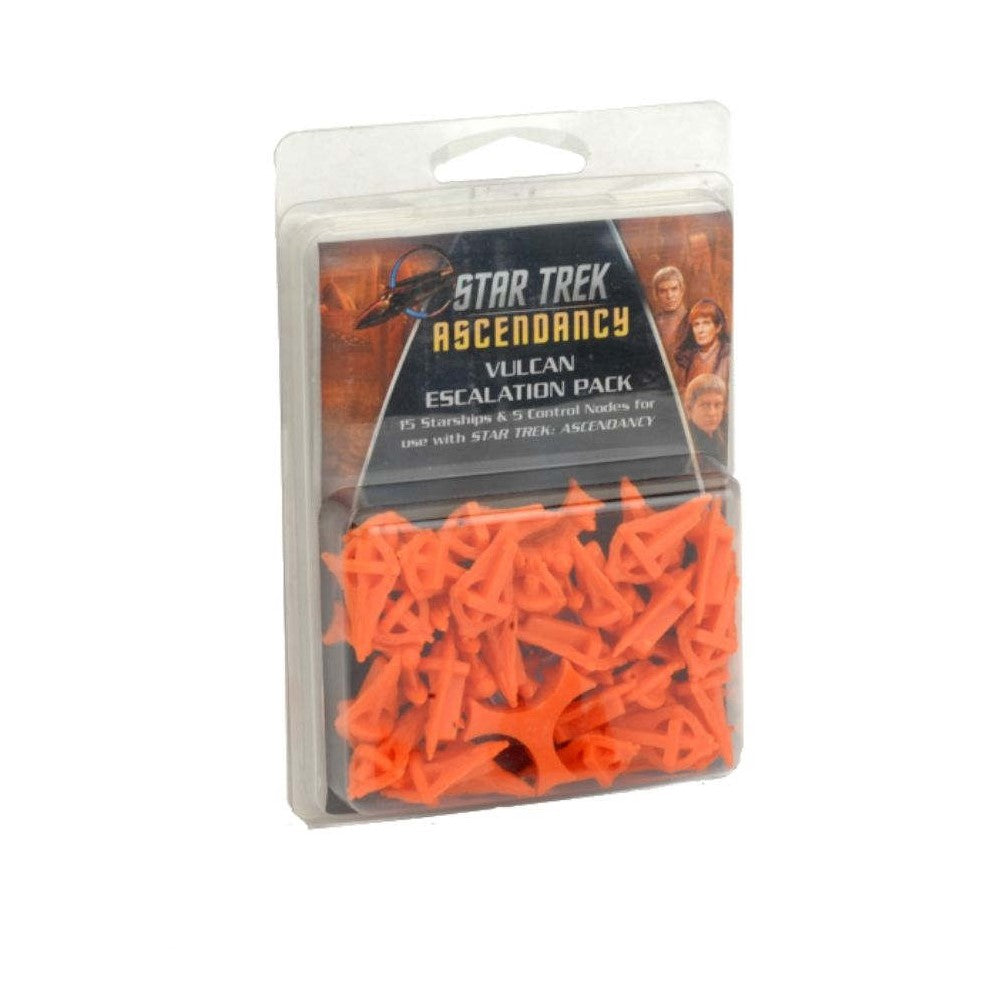 A Star Trek: Ascendancy Vulcan Escalation Pack with 15 orange starships and 5 control nodes in clear packaging.