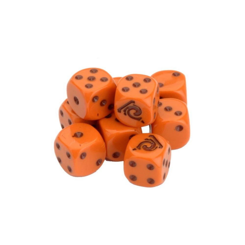 A pile of orange dice with dark pips, some showing a swirl symbol.