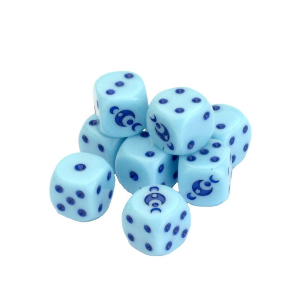 Piled light blue dice with dark blue pips and a crescent symbol on a white background.