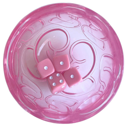 Pink plastic ashtray with four pink dice showing dots 1, 2, 4, 5