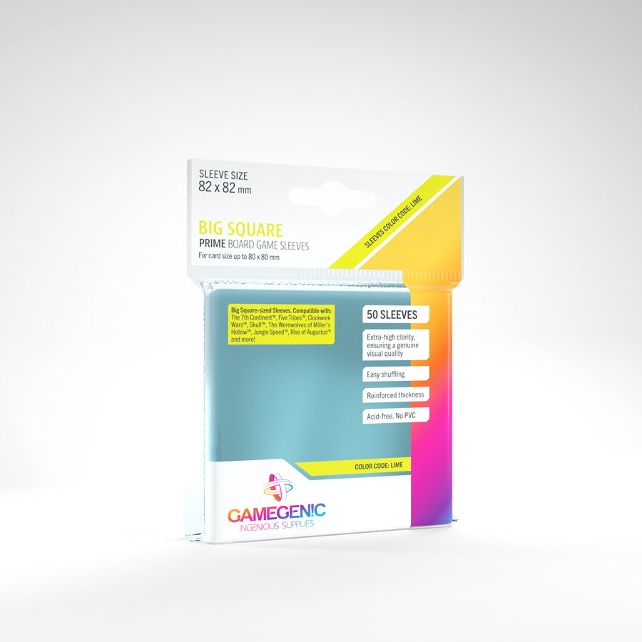 A package of Gamegenic Prime Big Square board game sleeves, 82x82mm, 50 count, lime colour code