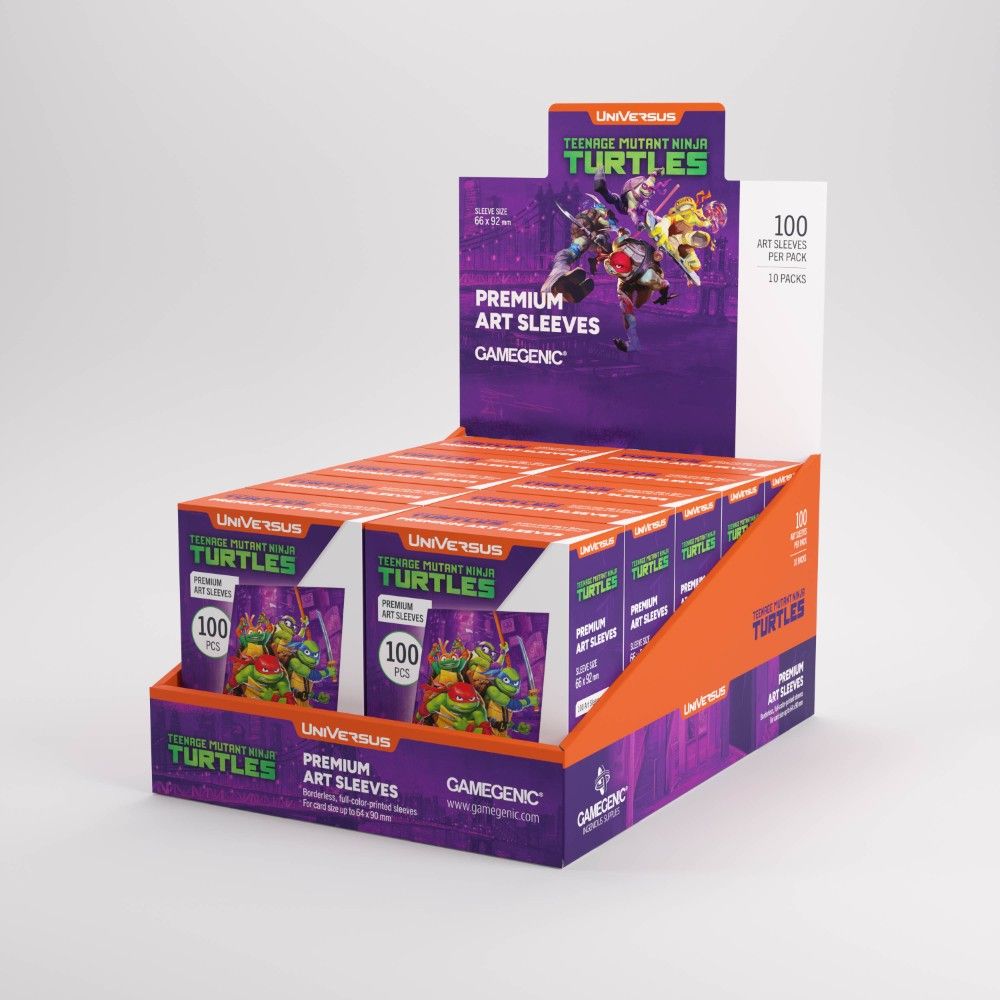 Retail display box filled with Universus TMNT Premium Art Sleeves (100 pcs) by Gamegenic