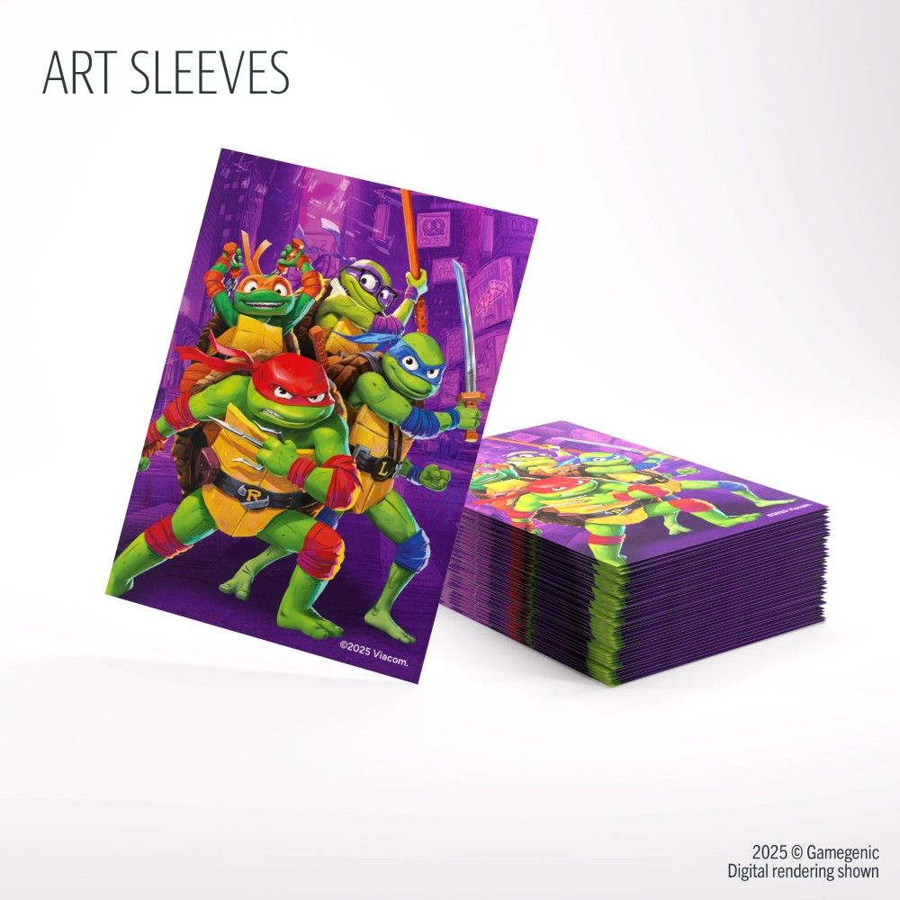 Collectible card sleeves showing the four Teenage Mutant Ninja Turtles posing heroically on a purple backdrop