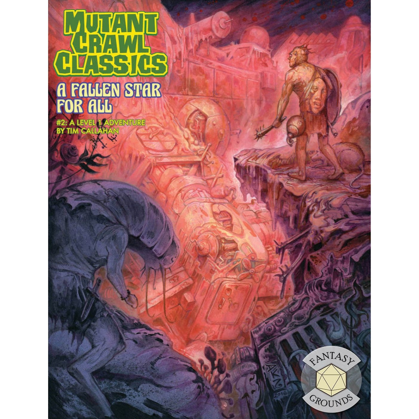 Mutant Crawl Classics cover: A mutated figure with a shield and club surveys glowing red ruins, with a dark creature in the foreground