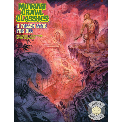 Mutant Crawl Classics cover: A mutated figure with a shield and club surveys glowing red ruins, with a dark creature in the foreground