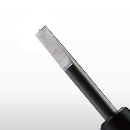 A metal tool with a flat, rectangular tip and a small, central notch, used for specialized cutting