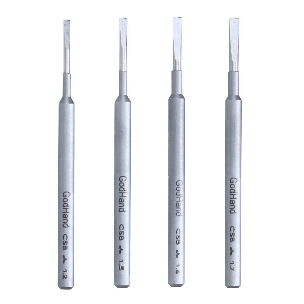 Four silver GodHand precision chisels with flat tips, labeled 1.2, 1.5, 1.6, 1.7