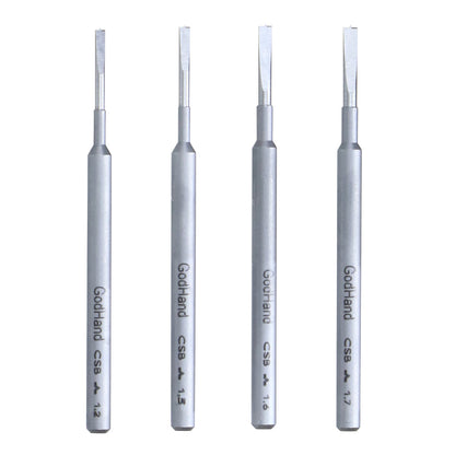 Four silver GodHand precision chisels with flat tips, labeled 1.2, 1.5, 1.6, 1.7