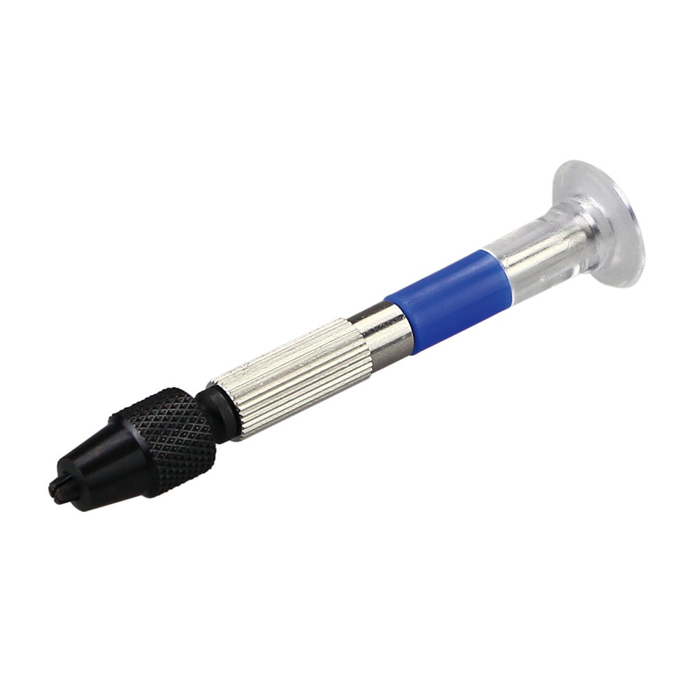 Precision pin vise hand drill with silver body, blue accent, clear swivel top, and black micro chuck
